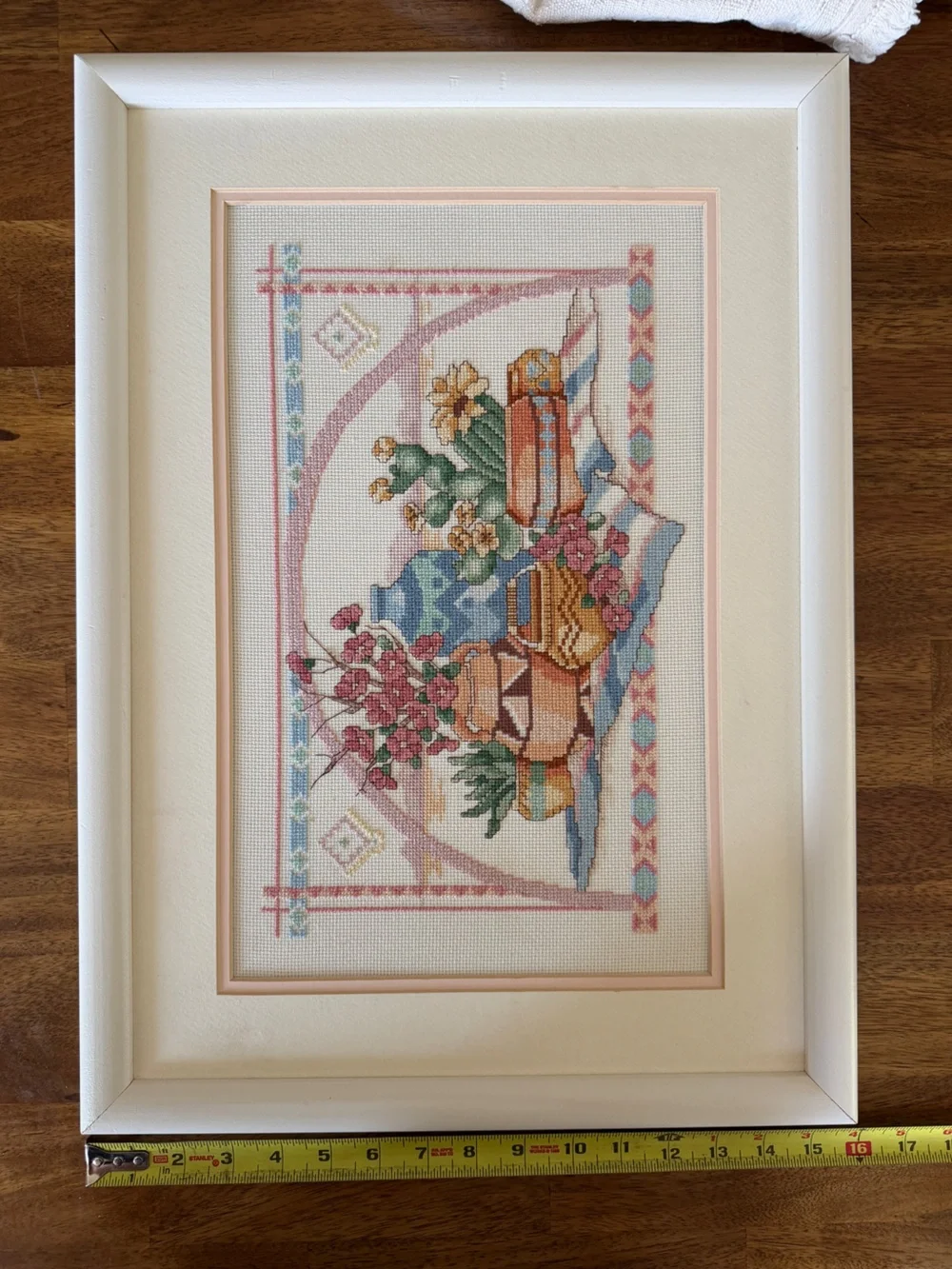 Framed Cross-Stitch Still Life with Vases and Flowers - Multicolor